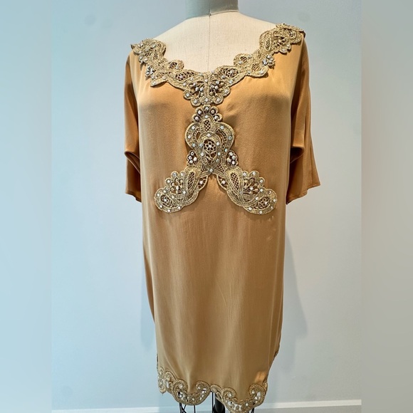 Handmade Dresses & Skirts - Luxury Silk Mini Tunic Dress with Crystals and gold embroidery , Handmade S-M